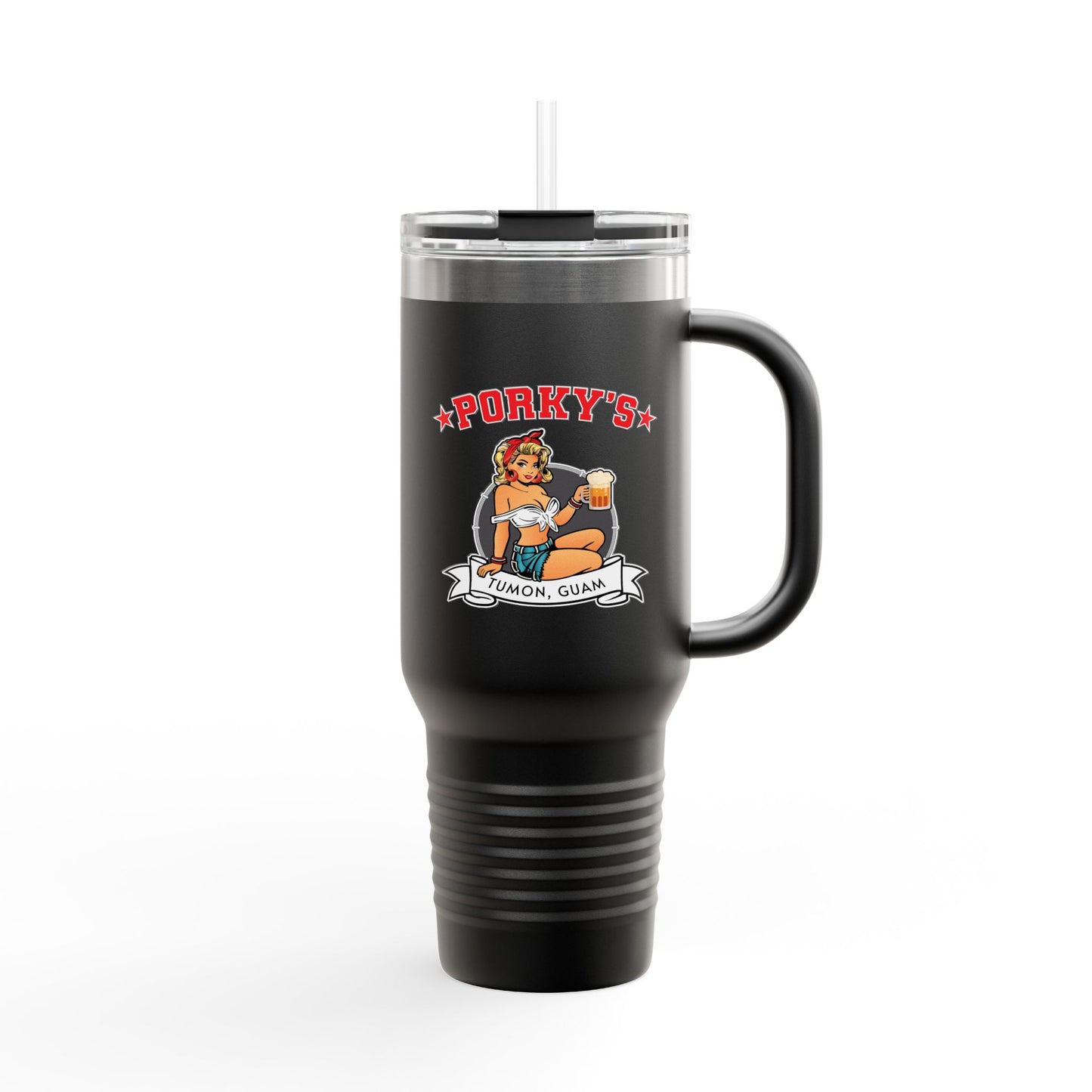 Porky's Insulated Travel Mug - 40oz Red Tumbler with Fun Design