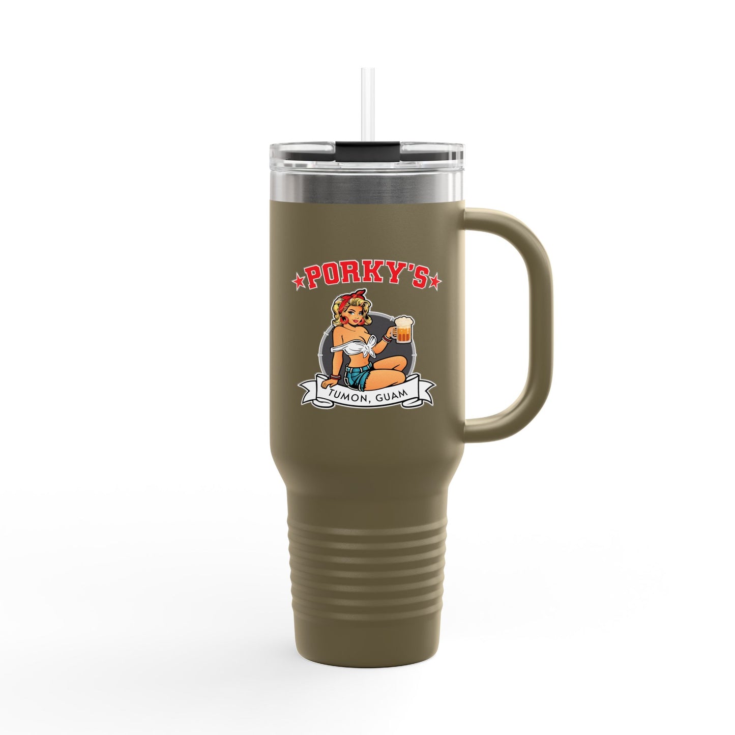Porky's Insulated Travel Mug - 40oz Red Tumbler with Fun Design