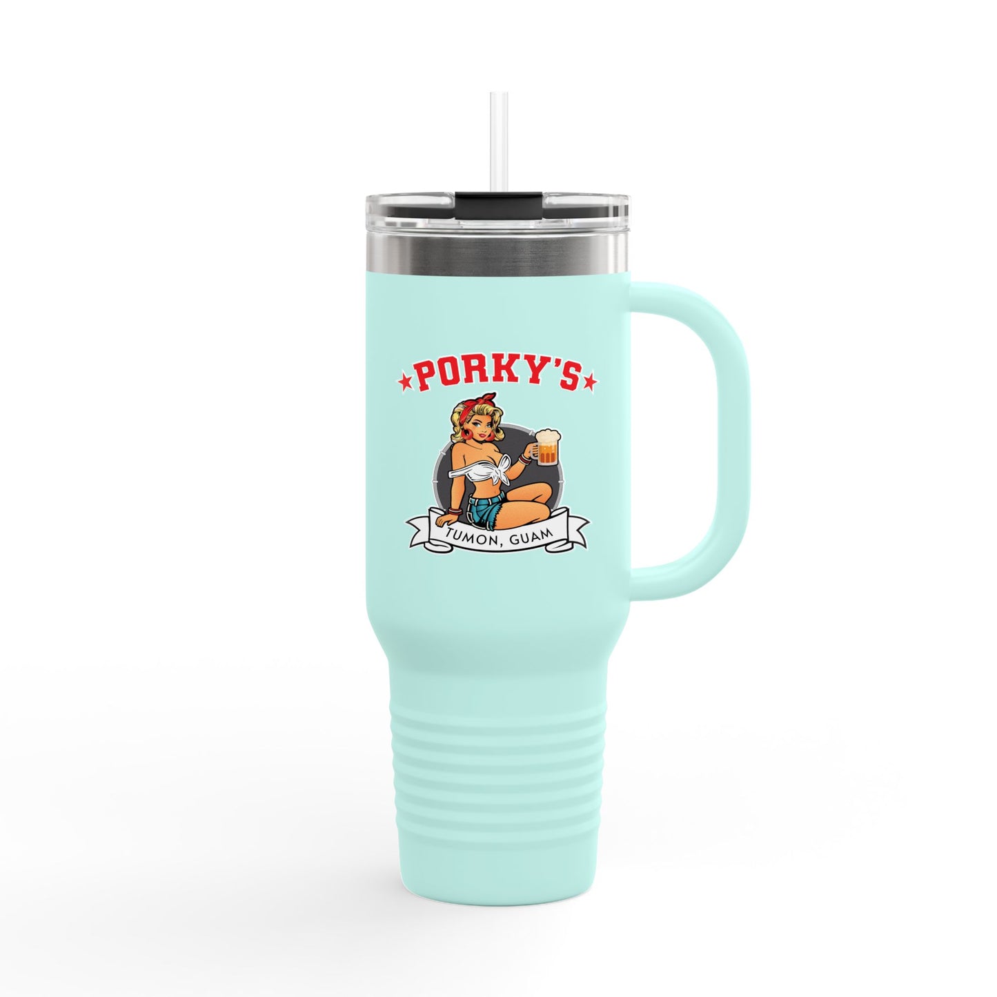 Porky's Insulated Travel Mug - 40oz Red Tumbler with Fun Design