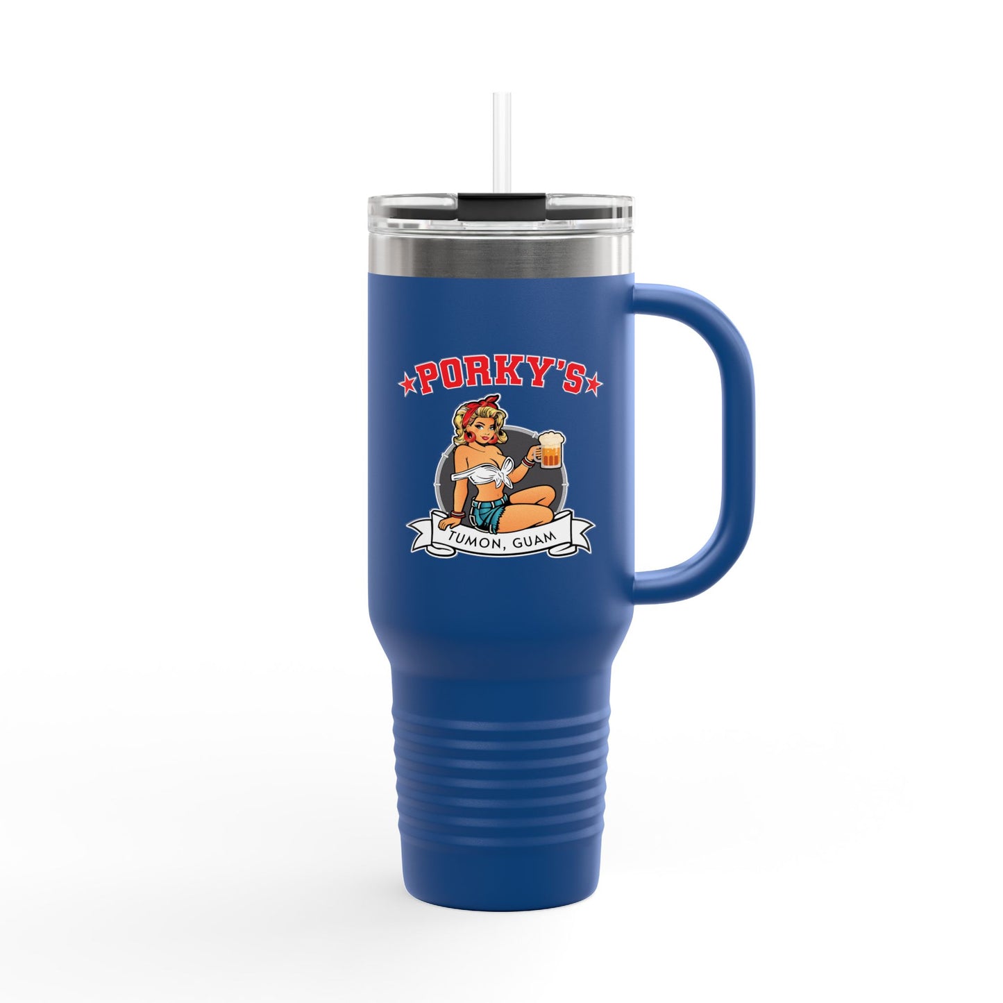Porky's Insulated Travel Mug - 40oz Red Tumbler with Fun Design