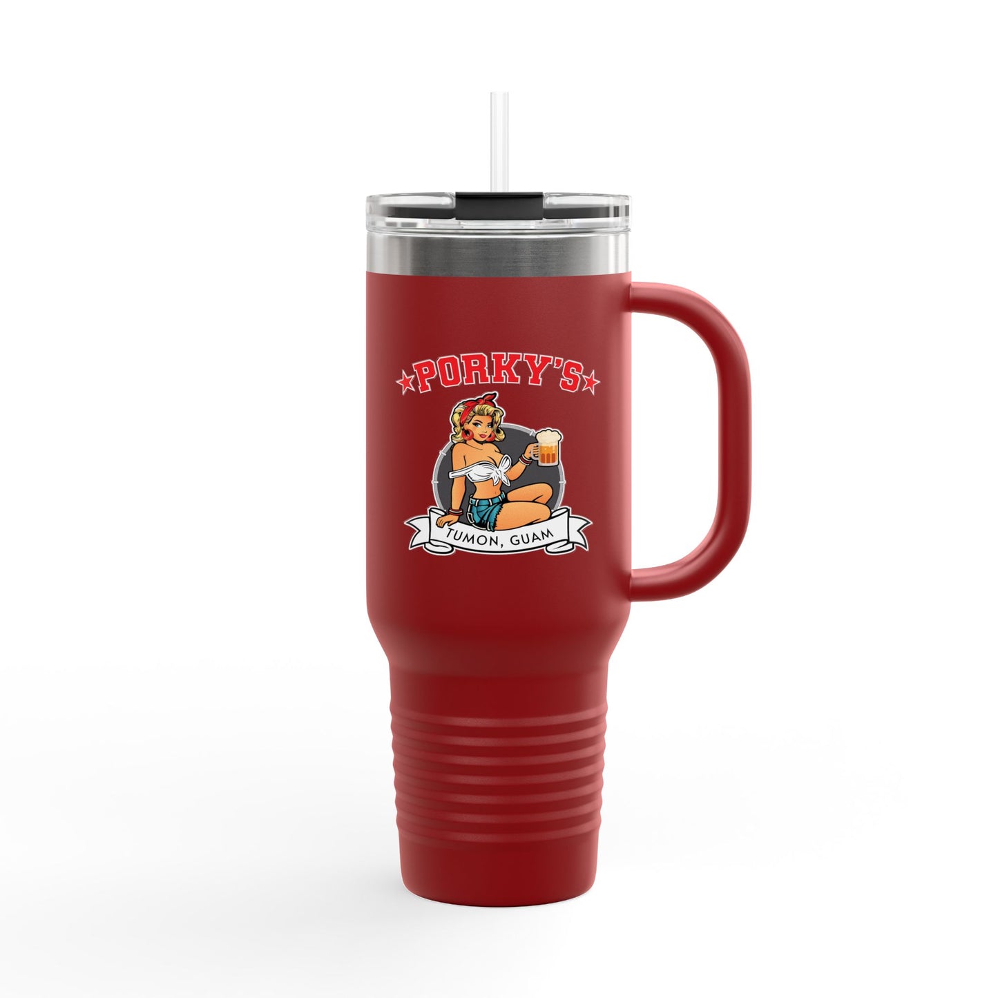 Porky's Insulated Travel Mug - 40oz Red Tumbler with Fun Design