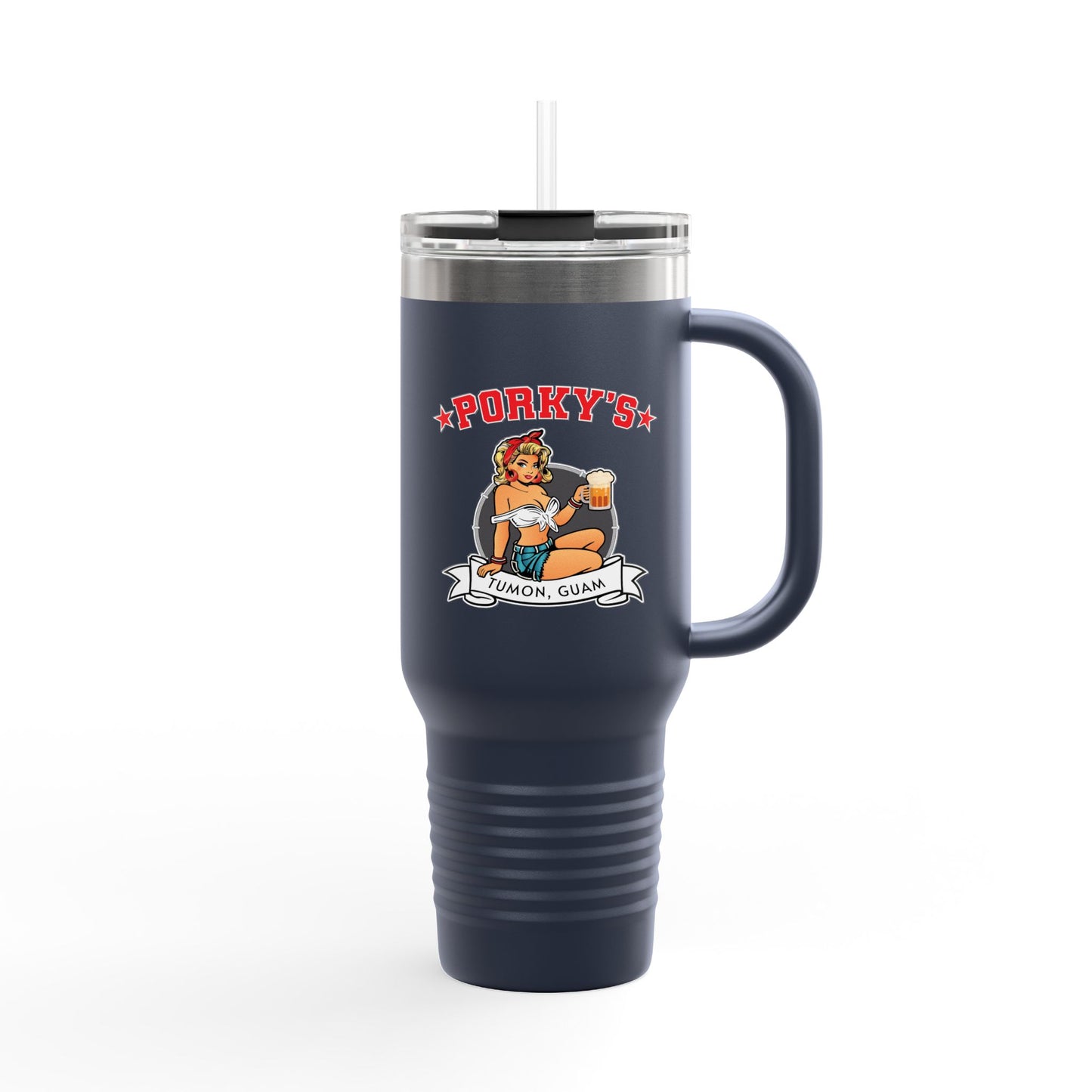 Porky's Insulated Travel Mug - 40oz Red Tumbler with Fun Design